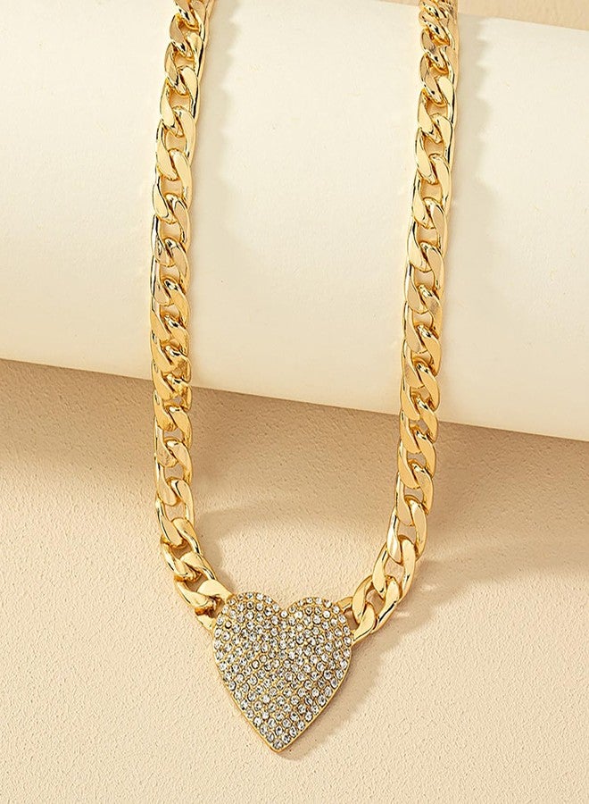 IS4U Crystal Chunky Heart Necklace Gold Silver Black Cuban Chain Choker Sparkling Rhinestone Love Heart Pendant Necklace Gold Chunky Necklace Punk Rock Hip Hop Style Jewelry for Men and Women (Gold) - Image 3
